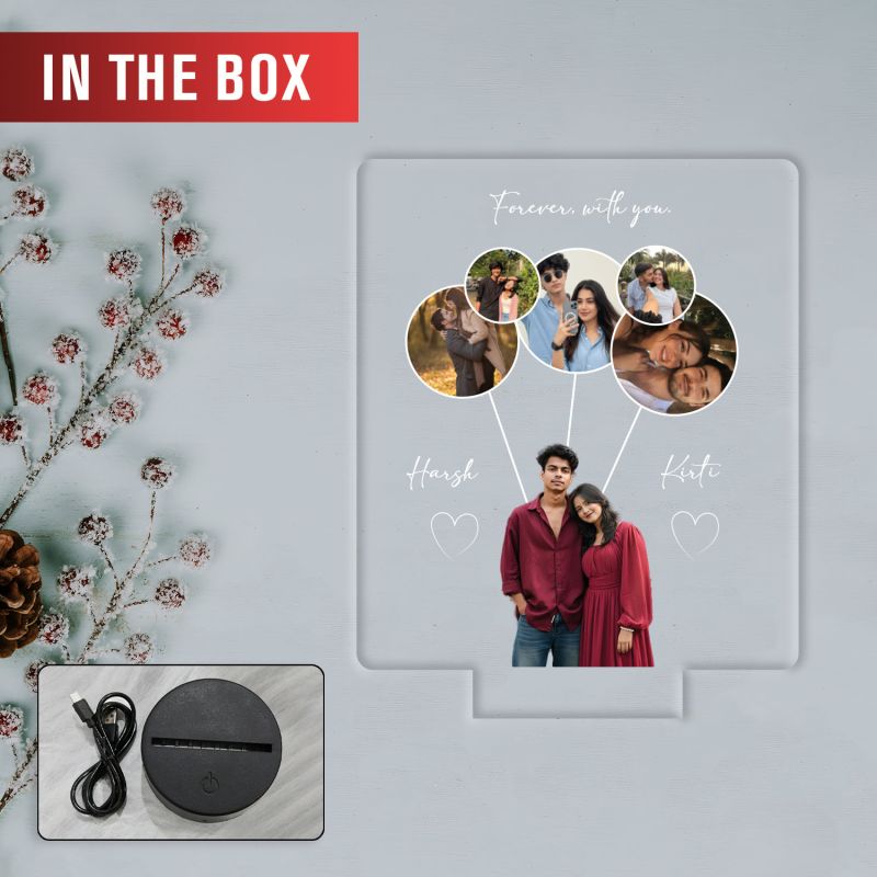 Personalized Photo Collage LED Night Light with Names Forever with You Warm White Base Valentines Day, Birthday Gift for Couples